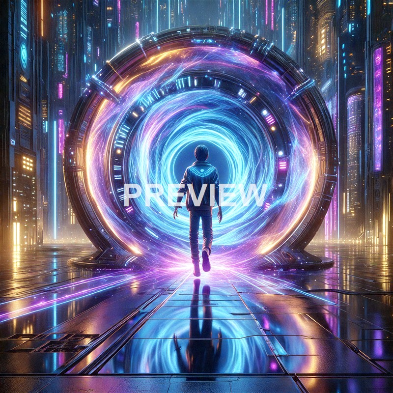 A person walks towards a glowing, swirling portal in a futuristic cityscape illuminated by vibrant neon lights.
